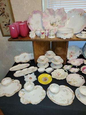 Assorted 'Fancy' china, all late 1800's, early 1900's including a heart-shaped bowl and Haviland Limoges snack sets.  A very nice selection!