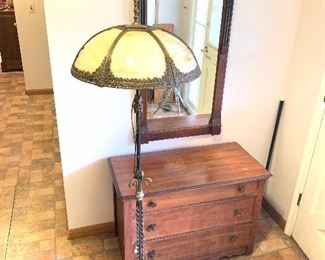 Slag glass pole lamp, antique dresser, hall mirror