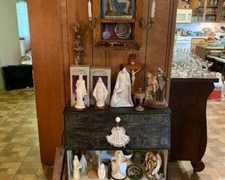 Mid century stand, religious items, last rights box