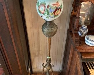 Antique brass piano organ floor oil lamp converted to electric 