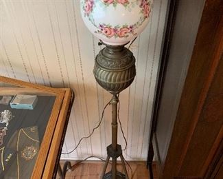 Antique brass piano organ floor oil lamp converted to electric
