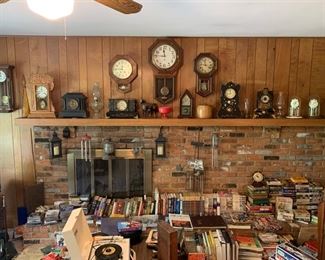 Antique clocks, Books, Record player, Victrola, Oil lamps