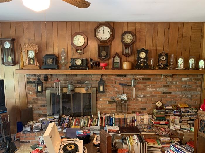 Antique clocks, Books, Record player, Victrola, Oil lamps