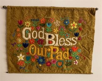 Groovy 1960's hand made hippy "God Bless Our Pad" wall hanging 