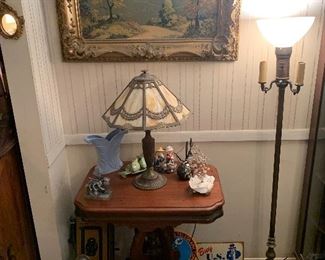 Slag glass lamp, violin, art, candlestick wall phone