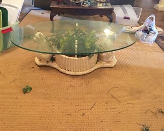 Monkey base planter glass top coffee table