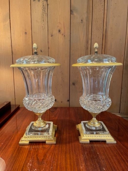 Mar bro French Crystal Vases.  Timeless crystal masterpieces.  These vases would dress the most prestigious tables and light up the world’s most beautiful homes.     18” H x 10”W x 10” D