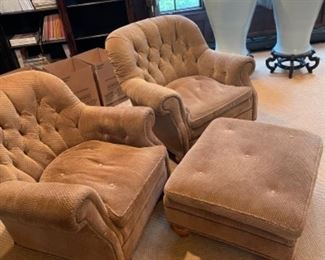Pair of Upholstered and Baker Chairs with Ottoman.  Stuffing of Chairs and Ottoman are Dien Feather. A Couple of Accent Buttons Missing.