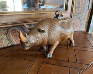 Fun Ratan Woven Rhinoceros with Storage Area Inside. Lid has a WOOD carved Smaller Rhinoceros For the Handle. Very Unique
