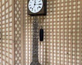 French Brass Pendulum Clock.  Blonde au a’ Deciez Wall Clock.  58”H x 11” W x 6”D