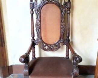 German Antique Thrones .  2 Gorgeous Upholstered Carved wood on Front and Back of Chairs.