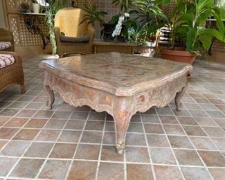 Leather Inlay Table.  Unique Leather inlay Coffee Table. 17” H x 39”W
