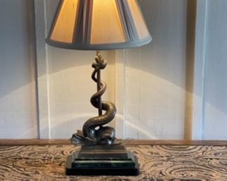 Brass Dolphin Lamp.  Gorgeous Brass Dolphin On a Green Marble Base.