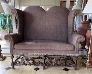 Old World Straight Back Loveseat.  Antique Irish tweed loveseat with two pillows. 54 1/2”H x 60”W x 26 1/2”D