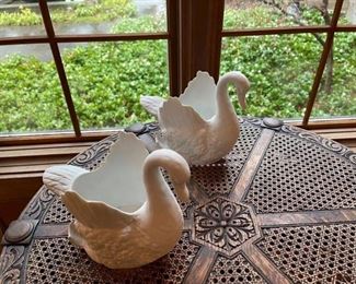 Pair of Vintage white bisque swans. Exquisite detail. 7 1/2”H x 4 3/4”W x 9”L