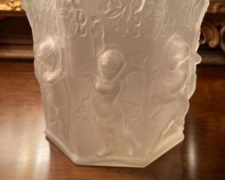 French frosted glass bowl with pressed cherubs & God accents 7 1/4”H x 6 3/4W