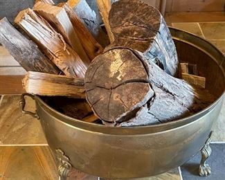 Brass Firewood Bucket. 15” H x 31” W x 22” D