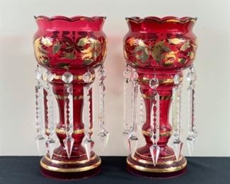  Gold gilt cranberry glass lusters