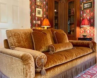 Fabulous custom designed sofa by interior designer, Robert Denning, upholstered in Scalamandré cut velvet and trimmed in fringe