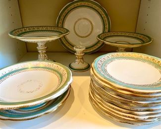 Old Paris partial dinner service in pale blue and gilt Greek key border, including compotes and serving pieces
