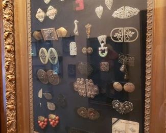 Antique/Vintage Buttons, Shoe Clips, Buckles. A fine piece second one from bottom on the right. Silver Art Nouveau Piece. 