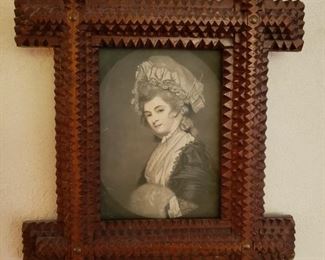 Vintage Folk Art/Tramp Art Frame with Antique Picture