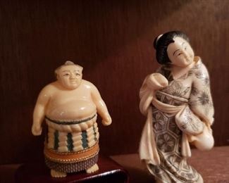 Netsuke Figurines - Figure on the right Japanese signed Okimono. 