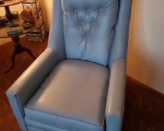 2 Mid-Century Modern Chairs from the 50's. Blue/Grey Vinyl. Great Shape.  There is an Ottoman also. 