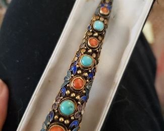 Chinese Silver and Real Stone Finger Protector Pin