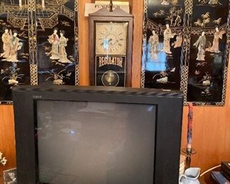 Regulator clock, TVs, Oriental wall hangings