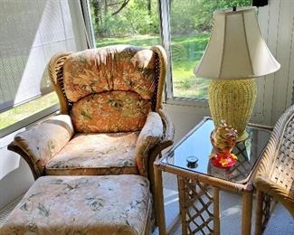 Wicker arm chair, footstool, end table, lamp