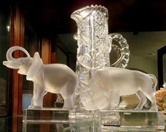 LARGE LALIQUE CRYSTAL ELEPHANT AND BISON PAPERWEIGHTS