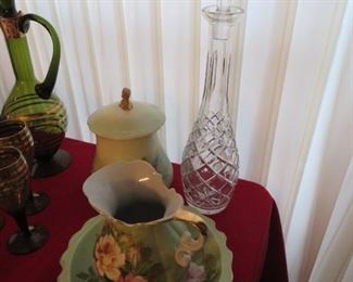 SEVERAL QUALITY CRYSTAL LIQUOR DECANTERS AND ANTIQUE PAINTED PORCELAIN