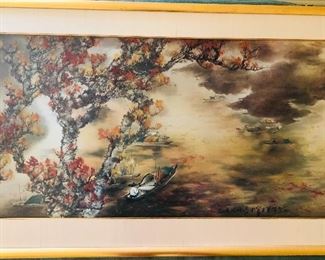 Large Chinese watercolor painting titled, Fishing in Autumn by Henry Wo Yue-Kee