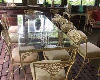 Wonderful vintage iron sunroom suite, includes suite of 3 tables and 12 chairs