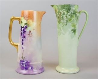 15 2 Tressemanes & Vogt Limoges Tankards Pitchers 2 hand painted French porcelain tankards. 1 artist initialed GF. Both marked on the underside T&V Limoges France (Tressemanes & Vogt). 11 3/4"H and 10 3/4"H