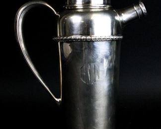 19 R. Wallace & Sons Sterling Cocktail Shaker American sterling silver cocktail shaker, marked on the underside sterling 3276 7 and Wallace, with Wallace R W & S deer hallmark. Monogrammed. 9 1/4"H, 18.085 ozt