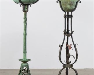 26 2 Green Patinated Iron Planters on Stands 41 1/2"H x 15 1/2"-diameter at top; 1 with flower center, 37"H x 11 1/4"-diameter at top.
