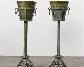 27 Pair of Patinated Metal Champagne / Wine Buckets Pair of mixed metal wine or champagne buckets on patinated iron stands. Each 33"H x 9 1/2"-diameter at top