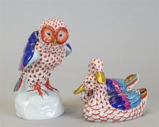 40 2 Herend Fishnet Rust Porcelain Figurines 2 hand painted porcelain animal figurines. Owl, 4 1/2"H; pair of ducks, 4 1/4"L x 3"H. Both with Herend Hungary Handpainted marks on underside.