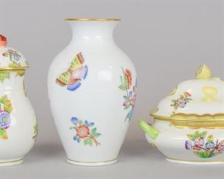 45 3 Pieces of Herend Queen Victoria Porcelain 3 pieces of Herend hand painted porcelain in the Queen Victoria pattern. Sugar shaker, with flower finial, 5"H; vase, 5 3/4"H; miniature tureen with lemon finial, 5"L x 4 1/4"H. Vase with contemporary Herend Hungary Handpainted mark, sugar shaker with c. 1930s mark, miniature tureen with early 20th century mark