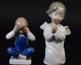 52 Lladro & Royal Copenhagen Porcelain Figurines Lladro figurine Praying, 5 1/2"H; Royal Copenhagen figurine no. 5460 See No Evil, 4 1/4"H.