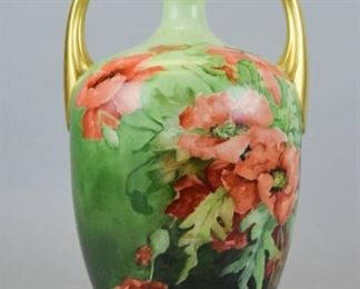 58 Jean Pouyat Limoges Porcelain Vase 2 handled porcelain vase, with hand painted floral decoration and gilt painted handles and rim. Marked on the underside JPL France (Jean Pouyat Limoges) and impressed 566. 13 1/2"H