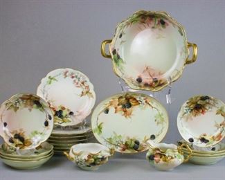 54 19 Piece Tressemanes & Vogt Limoges Dessert Set 19 piece hand painted French porcelain fruit or dessert set. Fruit bowl, sugar & creamer and underplate, 7 dessert plates, 8 berry bowls. All with blackberry & leaf decoration. Marked T&V Limoges (Tressemanes & Vogt). Fruit bowl 3"H x 10 1/4"-diameter not including handles, berry bowls 6"-diameter