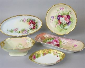 62 5 Pieces of Limoges Hand Painted Porcelain Martial Redon rectangular dish, 12 1/2"L x 5 1/4"W; JPL (Jean Pouyat Limoges) oval tray, artist initialed on the underside JWS, 12"L x 6"W; Limoges France small oval dish, 7 1/2"L x 5"W; T&V (Tressemanes & Vogt) footed dish, 7 3/4"L x 5 1/2"W x 2 1/2"H; GD & Co. bowl, 8 3/4"-diameter.