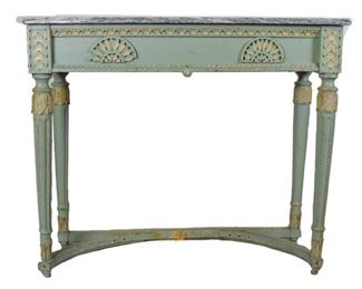 74 Green Console Table A green console table with blue-green marble top. Marble top is very scratched and has some stains. Table has some chips with wood and paint missing, prominently seen on the base support beams. On the rear of the top beam is a patch of unfinished wood, along with termite boring. No identifying marks found. 42" L x 24" W x 37" H