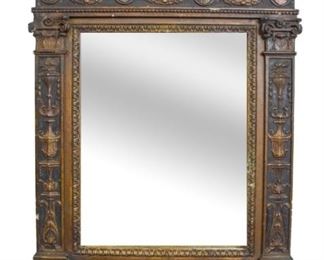 77 Carved Gilt Neoclassical Figural Mirror A mirror with a rectangular frame, flanked by a cherub on the top, with 4 coat-of-arms underneath it. No identifying marks. Circa early 19th century. Frame is painted with red and green and some gilding. Frame contains chips all around, including on nose of the bottom cherub. Mirror has one scratch on bottom right, and original panel on back is missing and was replaced with paper and tape. Good condition. 22" L x 37" H