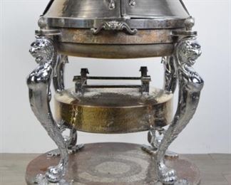 84 Silverplate Roast Beef Serving Trolley Large silverplate serving trolley on wheels. Domed serving dish on lion form legs with paw feet. 43"H x approximately 34"-diameter