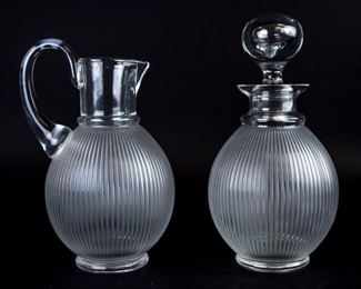 88 Lalique Langeais Crystal Decanter & Pitcher Matching Lalique France Langeais pattern frosted crystal decanter and pitcher. Both with contemporary Lalique France signatures on the underside, decanter with additional Made in France paper label. Decanter 9 3/4"H including stopper, pitcher 9"H to top of handle.