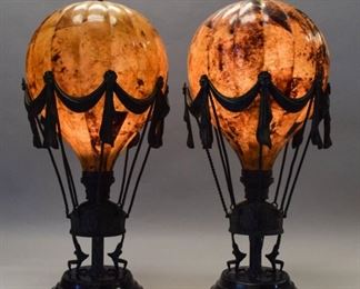 90 Pair of Maitland Smith Pin Shell Balloon Lamps Lot includes two Maitland Smith pin-shell hot air balloon lamps each with a fluted balloon form shade, bronze supports terminating in figural mounts, circular marble bases have some roughness, with Maitland Smith paper labels, switch replaced on one, 25"H x 12"W